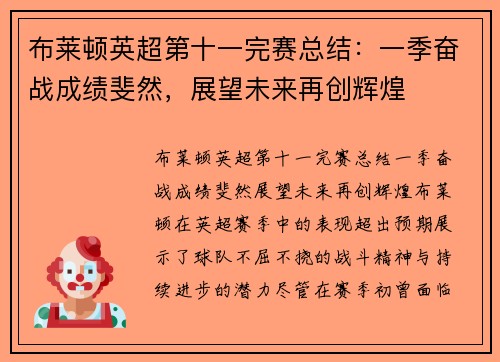 布莱顿英超第十一完赛总结：一季奋战成绩斐然，展望未来再创辉煌