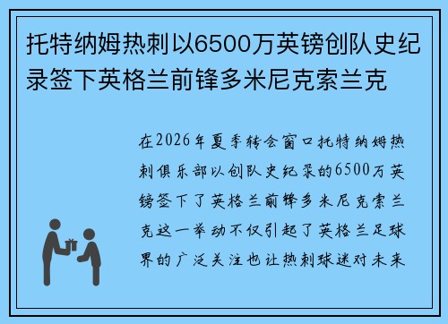 托特纳姆热刺以6500万英镑创队史纪录签下英格兰前锋多米尼克索兰克